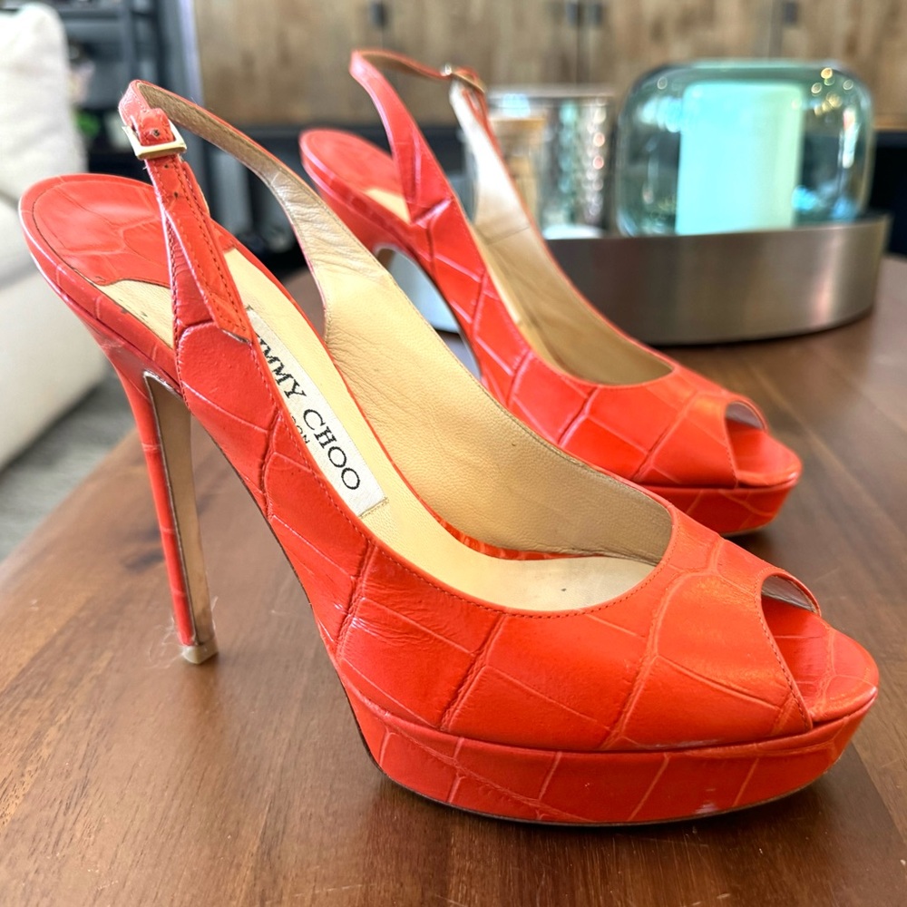 Jimmy Choo Orange Croc Embossed Leather Peep Toe Platform Slingback Sandal